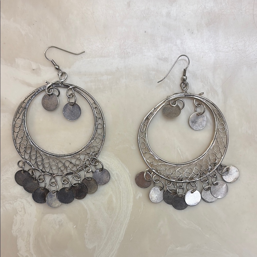 Jackie O inspired Silver Dangle Hoop Earrings